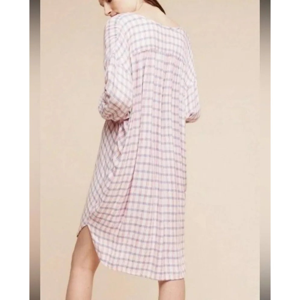 Saturday Sunday Anthropologie Plaid Button Front Gauze Shirt Dress Red Blue